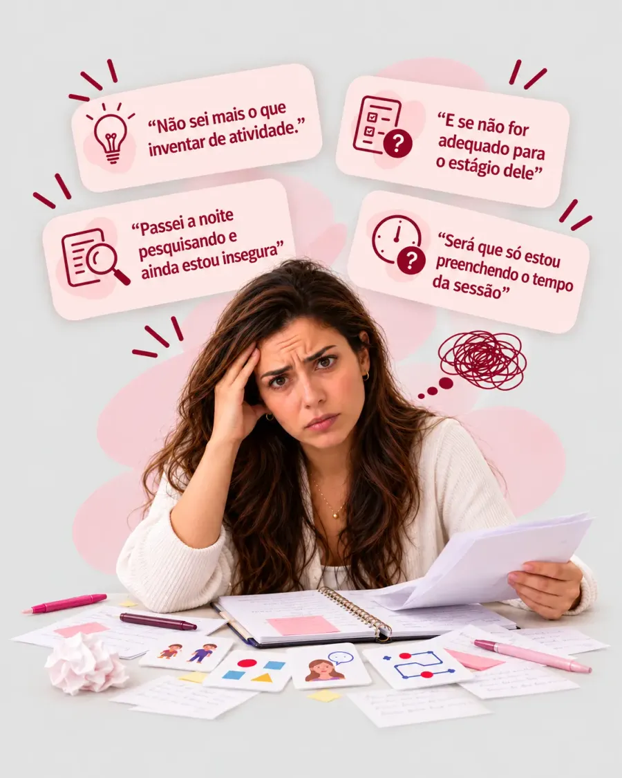 Terapeuta preocupada pensando: não sei mais o que inventar de atividade; e se não for adequado para o estágio dele; passei a noite pesquisando e ainda estou insegura; será que só estou preenchendo o tempo da sessão